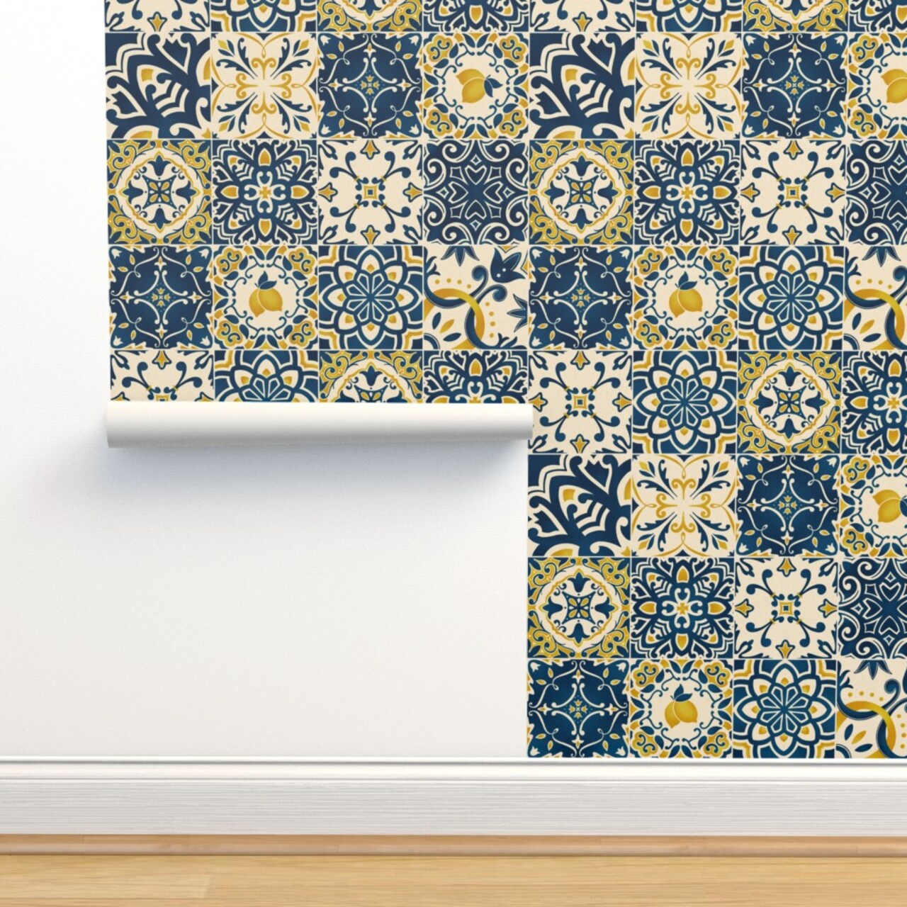 Yellow Tiles Lemons Cheater Quilt Italian Mediterranean Azulejos Sicilian Karge Scale Tuscan Custom Removable Wallpaper by Spoonflower Peel & Stick Wallpaper 2FT Wide